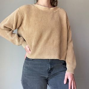 Faded Tan Cropped Knit Crewneck Sweater